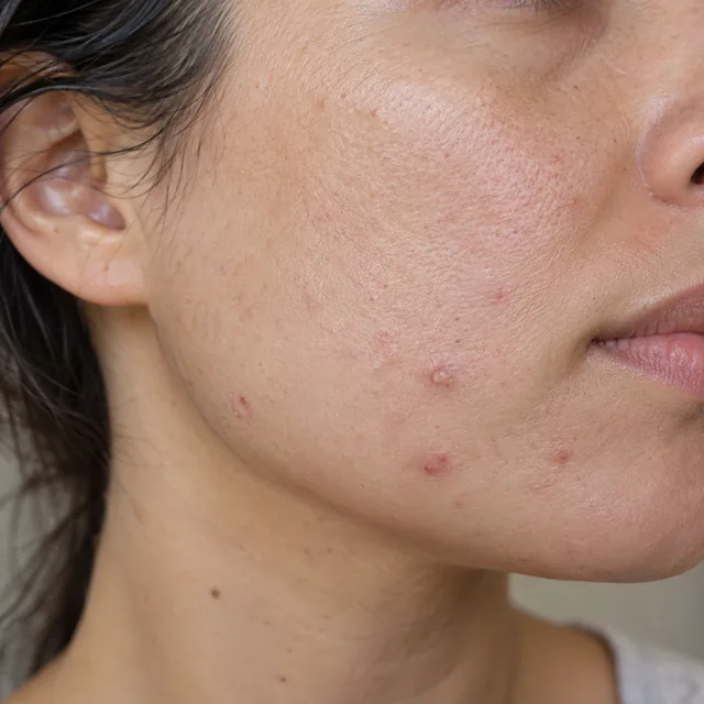 Bochecha com pequenas espinhas avermelhadas e um ponto esbranquiçado, exemplo de acne ativa