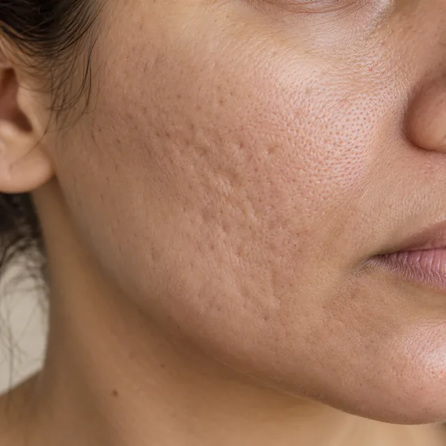 Bochecha com pequenas depressões ilustrando cicatrizes de acne