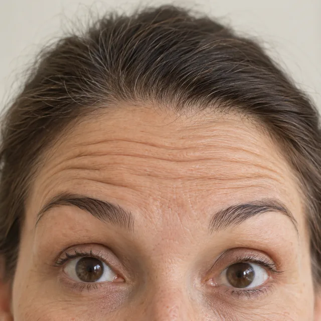 Testa de mulher adulta com linhas horizontais visíveis ao levantar as sobrancelhas