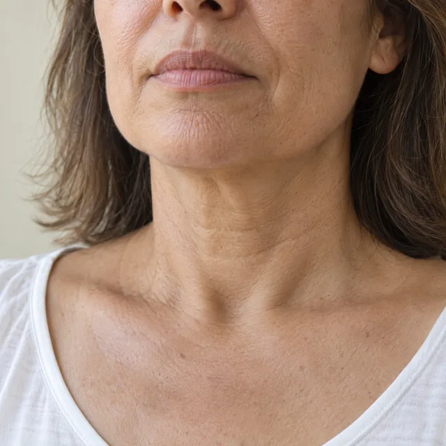 Pescoço adulto com linhas horizontais e mudanças suaves na firmeza da pele