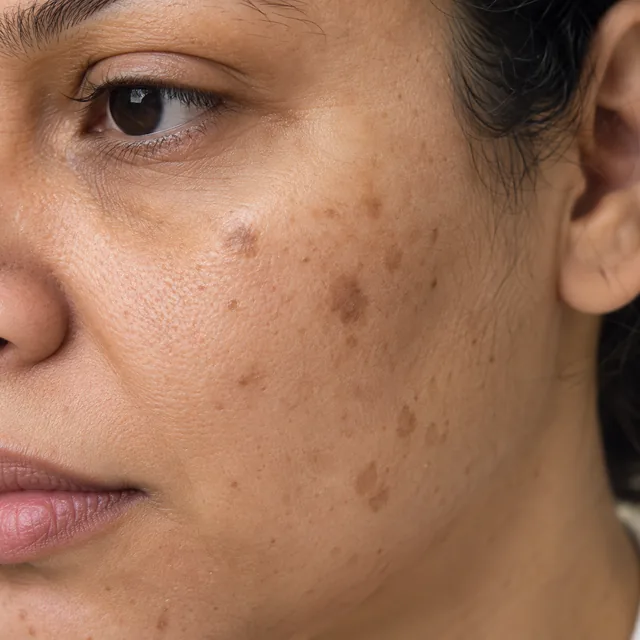 Pequenas marcas planas mais escuras na bochecha, ilustrando manchas após acne
