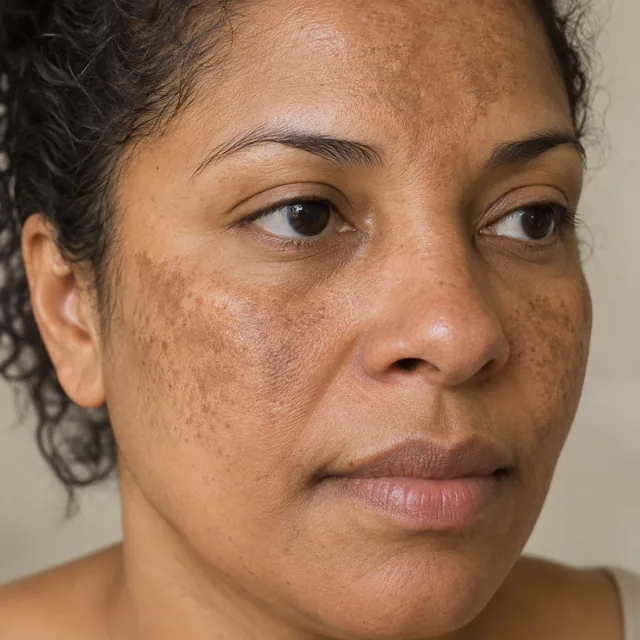 Manchas acastanhadas amplas nas bochechas de mulher adulta, exemplo ilustrativo de melasma