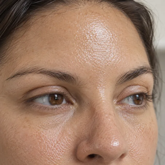 Testa e nariz de mulher adulta com brilho superficial e textura natural