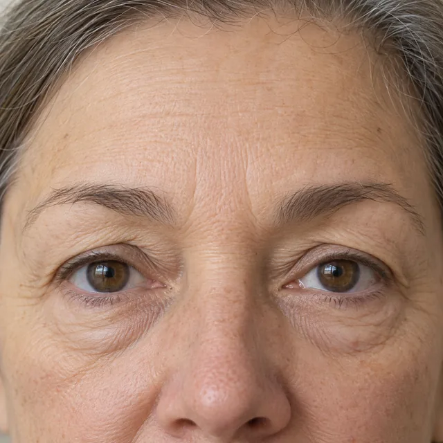 Olhos abertos de mulher adulta com sobrancelha lateral mais baixa e dobra de pele na pálpebra