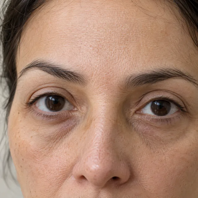 Região abaixo dos olhos de mulher adulta com sombras e diferenças de tonalidade