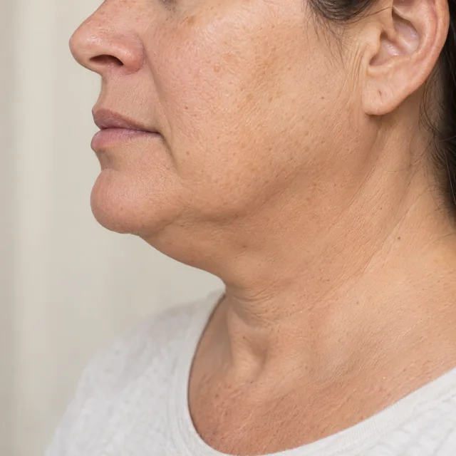 Perfil de rosto adulto com contorno mandibular suave e volume abaixo do queixo