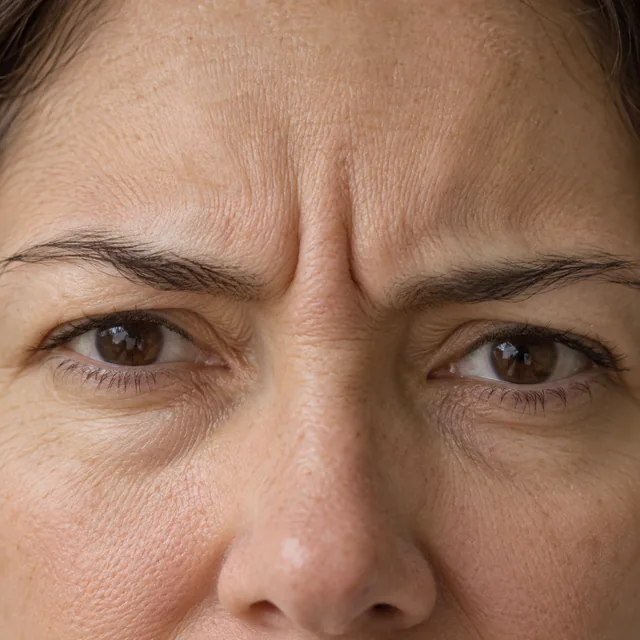 Linhas verticais entre as sobrancelhas de mulher adulta franzindo a testa